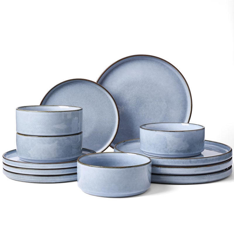 Famiware Annecy Plates and Bowls Sets, 12 Pieces Dinnerware Sets, Microwave and Dishwasher Safe Dishes Set for 4, Chip and Scratch Resistant, Reactive Blue - Image 1