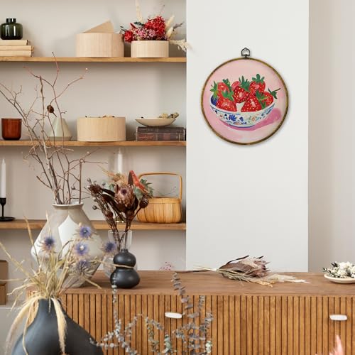 Mcehtle Chinoiserie Strawberries Bowl Pink Wall Art Decor, Vintage Rustic Farmhouse Kitchen Framed Canvas Prints 10x10, Funky Fruit Strawberries Modern Round Wall Hanging Artwork Decorations for Dining Room - Image 5