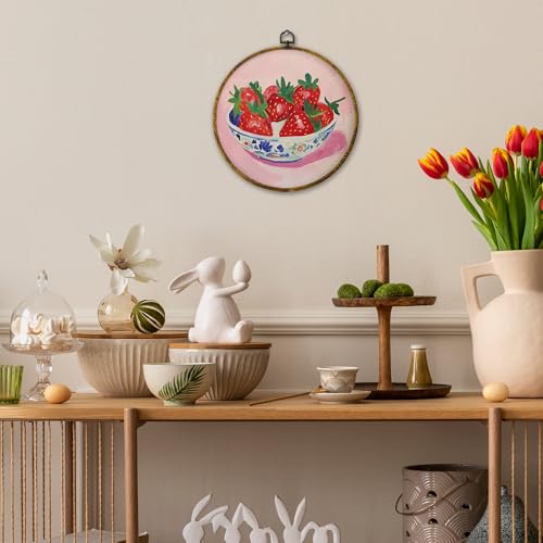 Mcehtle Chinoiserie Strawberries Bowl Pink Wall Art Decor, Vintage Rustic Farmhouse Kitchen Framed Canvas Prints 10x10, Funky Fruit Strawberries Modern Round Wall Hanging Artwork Decorations for Dining Room - Image 3