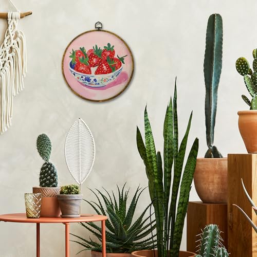 Mcehtle Chinoiserie Strawberries Bowl Pink Wall Art Decor, Vintage Rustic Farmhouse Kitchen Framed Canvas Prints 10x10, Funky Fruit Strawberries Modern Round Wall Hanging Artwork Decorations for Dining Room - Image 2