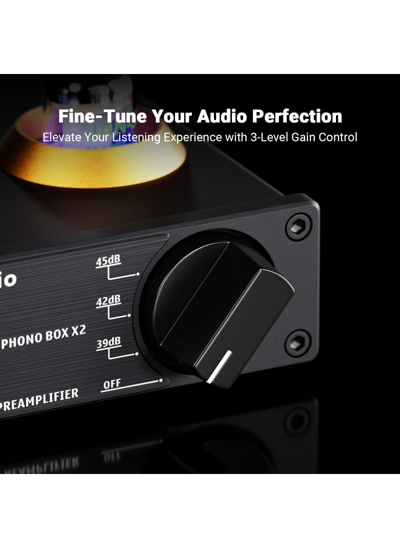 Fosi Audio Fosi Audio Box X2 Phono Preamp, Mini Stereo Audio Hi-Fi Preamplifier with Gain Gear, Pre-Amplifier for MM Turntable Phonograph and Record Player, with DC 12V Power Supply  - Image 4