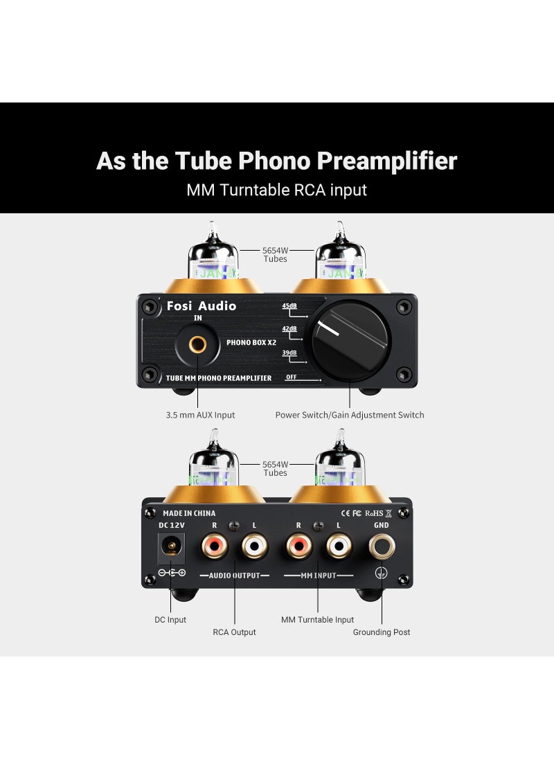 Fosi Audio Fosi Audio Box X2 Phono Preamp, Mini Stereo Audio Hi-Fi Preamplifier with Gain Gear, Pre-Amplifier for MM Turntable Phonograph and Record Player, with DC 12V Power Supply  - Image 3