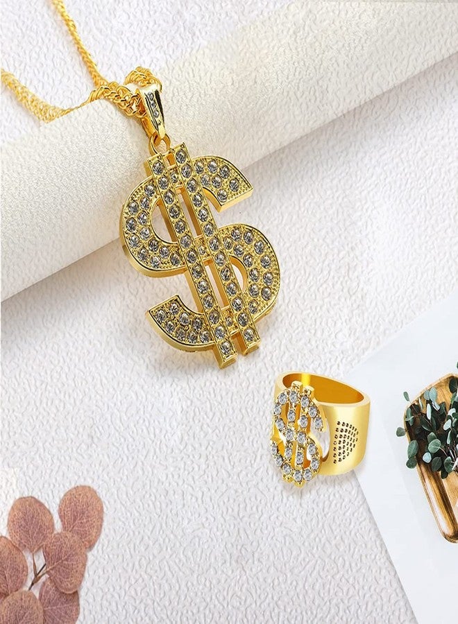 Huture 2 Pcs Hip Hop Costume Kit, Dollar Sign Necklace and Ring, 80s 90s Rapper Punk Gold Chain Gold Plated Chain Dollar Necklace for Men Woman punk Carnival Party - Image 3
