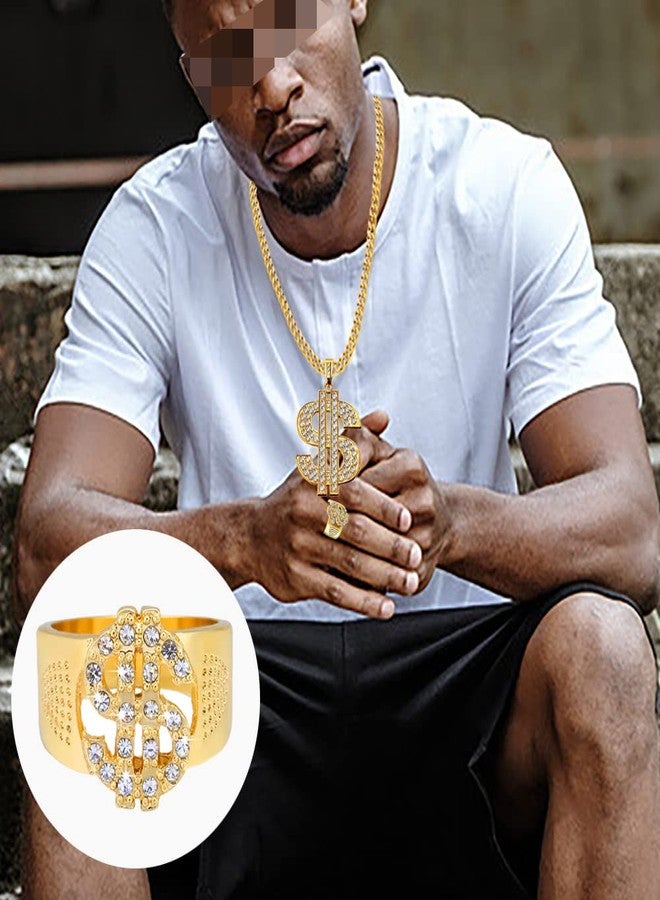 Huture 2 Pcs Hip Hop Costume Kit, Dollar Sign Necklace and Ring, 80s 90s Rapper Punk Gold Chain Gold Plated Chain Dollar Necklace for Men Woman punk Carnival Party - Image 4