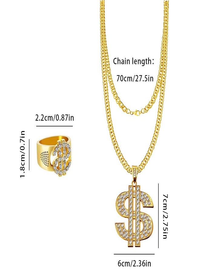 Huture 2 Pcs Hip Hop Costume Kit, Dollar Sign Necklace and Ring, 80s 90s Rapper Punk Gold Chain Gold Plated Chain Dollar Necklace for Men Woman punk Carnival Party - Image 2