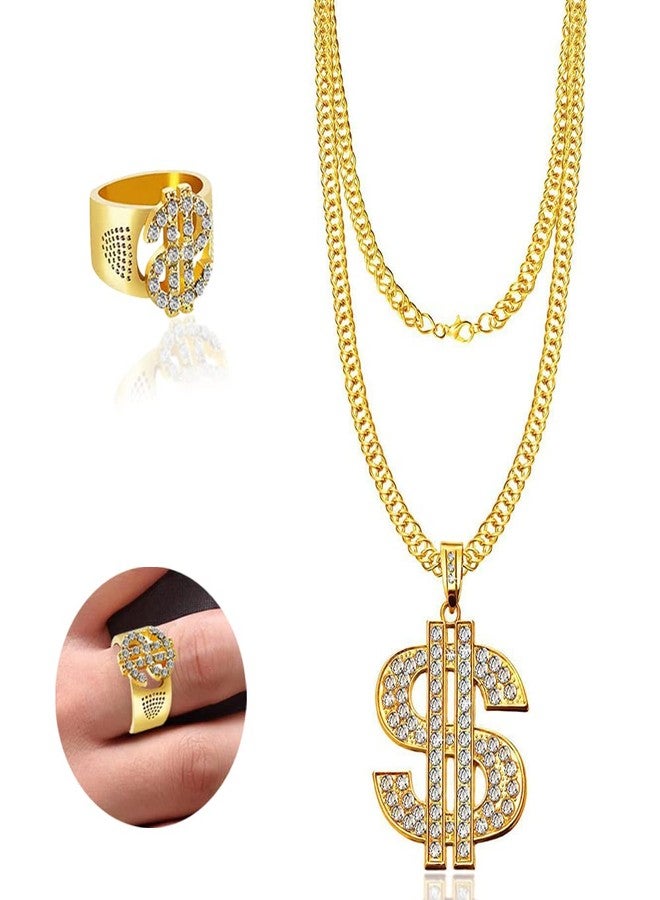 Huture 2 Pcs Hip Hop Costume Kit, Dollar Sign Necklace and Ring, 80s 90s Rapper Punk Gold Chain Gold Plated Chain Dollar Necklace for Men Woman punk Carnival Party - Image 1