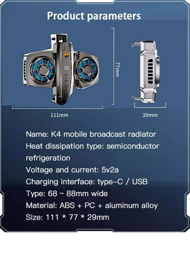Mobile Phone Cooler Great Heat Dissipation Intelligent Energy Saving Dual Semiconductor RGB Cell Phone Cooling Fan Radiator for Xiaomi iPhone Cooler Heat Sink Game Cooling for Playing Games K4 (Black） - Image 3