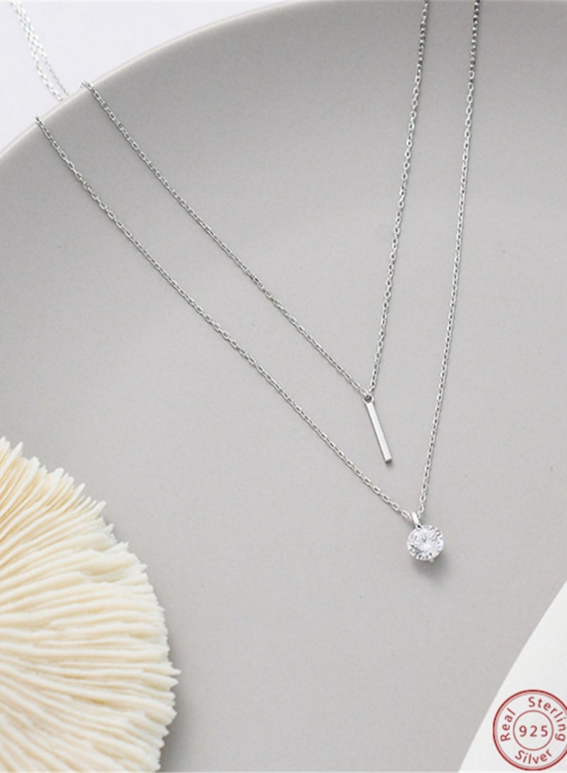 A full-body 925 silver double-layer two-layer chain with a word and round zircon pendant necklace gift box, fashionable and exquisite Valentine's Day Gift, temperament, versatile girl  - Image 3