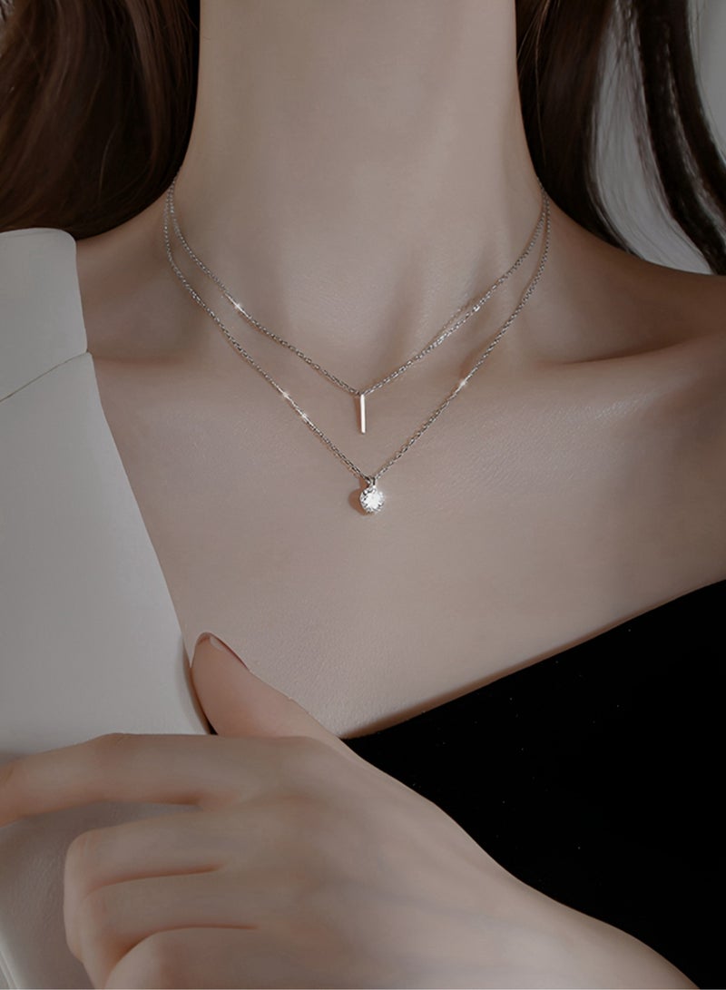A full-body 925 silver double-layer two-layer chain with a word and round zircon pendant necklace gift box, fashionable and exquisite Valentine's Day Gift, temperament, versatile girl  - Image 1