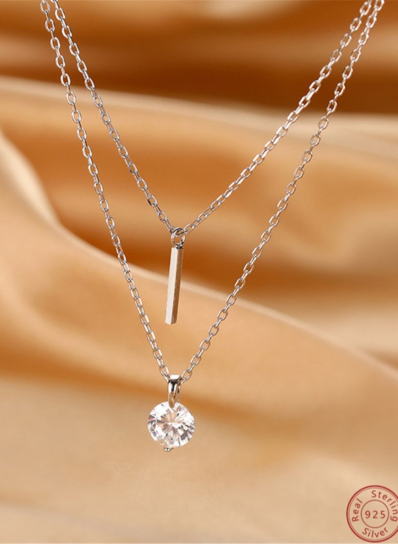 A full-body 925 silver double-layer two-layer chain with a word and round zircon pendant necklace gift box, fashionable and exquisite Valentine's Day Gift, temperament, versatile girl  - Image 4
