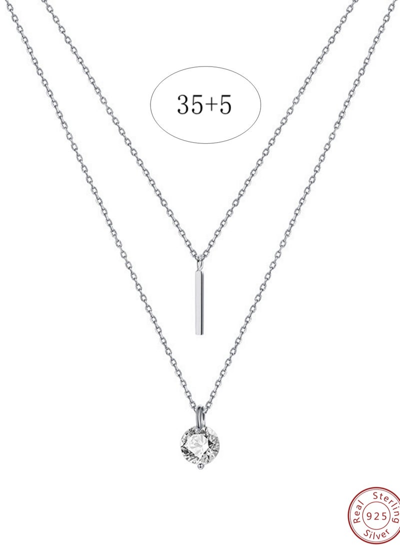 A full-body 925 silver double-layer two-layer chain with a word and round zircon pendant necklace gift box, fashionable and exquisite Valentine's Day Gift, temperament, versatile girl  - Image 5