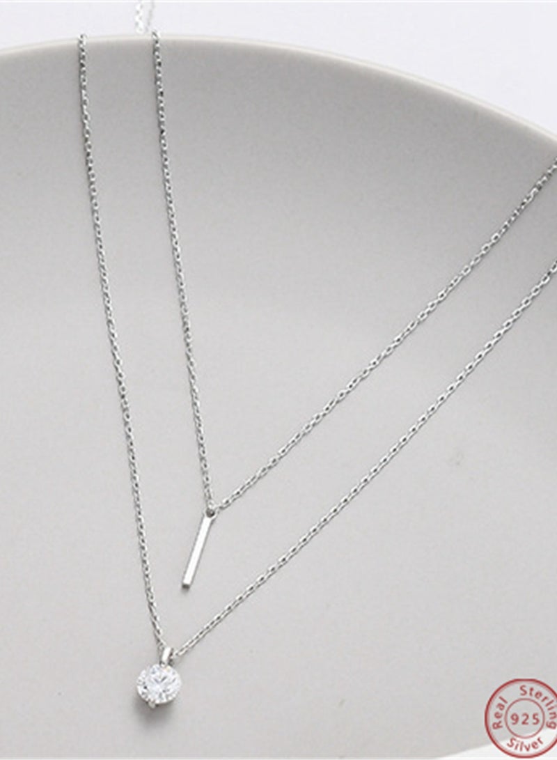 A full-body 925 silver double-layer two-layer chain with a word and round zircon pendant necklace gift box, fashionable and exquisite Valentine's Day Gift, temperament, versatile girl  - Image 2
