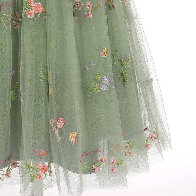 OBEEII Flower Girl Dress for Wedding Pleated V Neck Satin Back Floral Embroidery Tulle Princess Dress Junior Wedding Birthday Pageant Formal Ball Prom Gown Sage Green-Floral 12 Years - Image 5