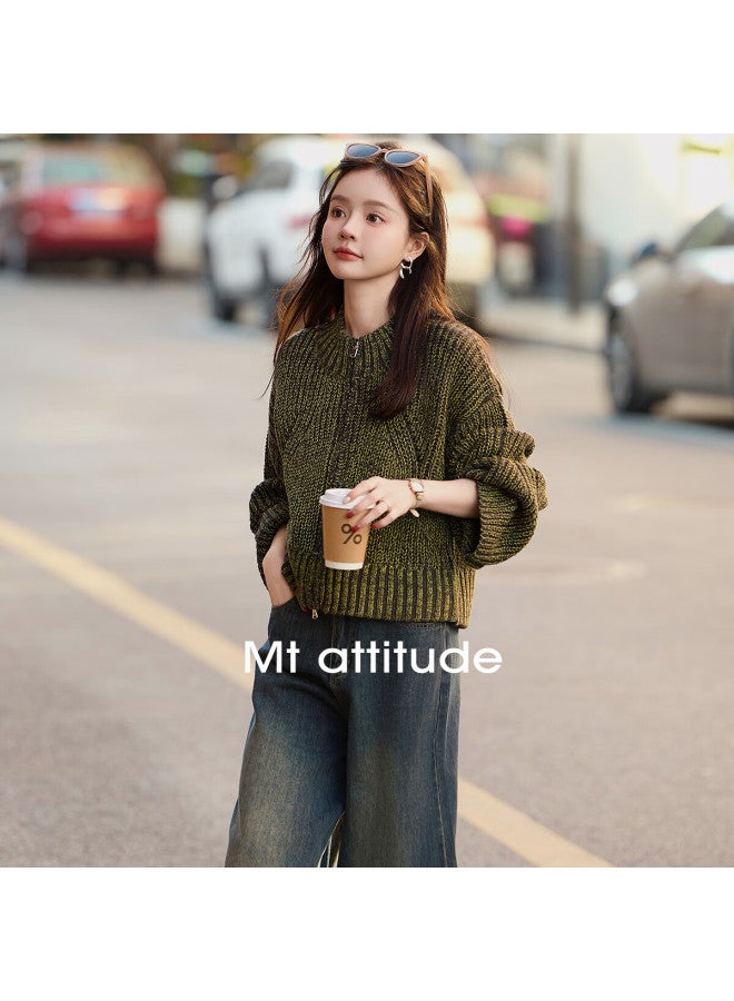 Mt "brightening" Winter Heavy Duty Design Chunky Knit Cardigan Short Jacket - Image 4