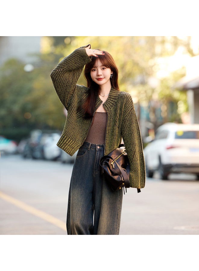 Mt "brightening" Winter Heavy Duty Design Chunky Knit Cardigan Short Jacket - Image 1