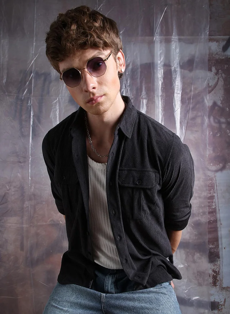 Hubberholme Men Comfort Relaxed Fit Spread Collar Wrinkle Free Textured Casual Shirt