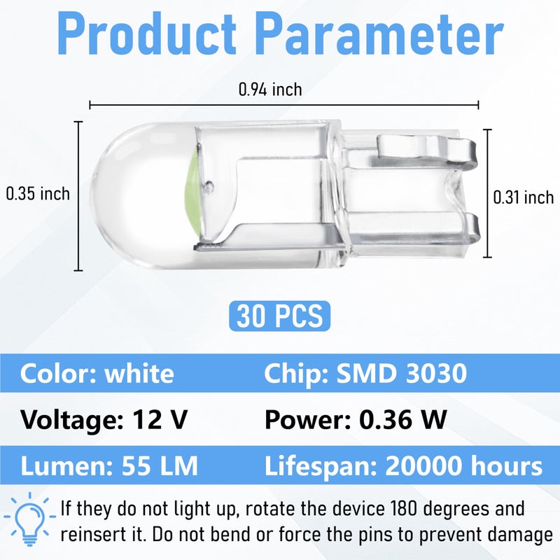 ecocstm 30 PCS Car 194 LED Bulbs, 168 2825 W5W T10 Wedge COB LED Replacement Bulb, 6000K License Plate Light Bulb, Error Free Interior Bulb for Dashboard Light, Dome Lights,License Plate Lights (Ice Blue) - Image 2