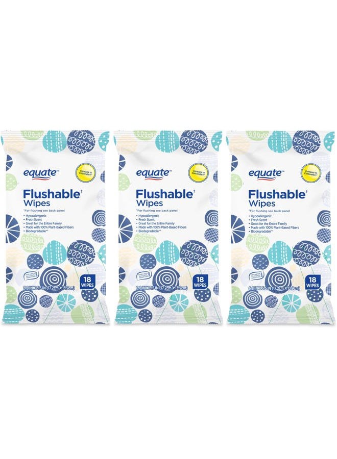 Equate Flushable Wipes, Fresh Scent, 18 Count, Travel Size - 3 Pack (54 Wipes Total), 6.8x5.5 In (17.2x13.9 Cm), Aloe, Vitamin E, for Adults Babies Children, Plant-based Fibers, Meets INDA Guidelines - Image 1