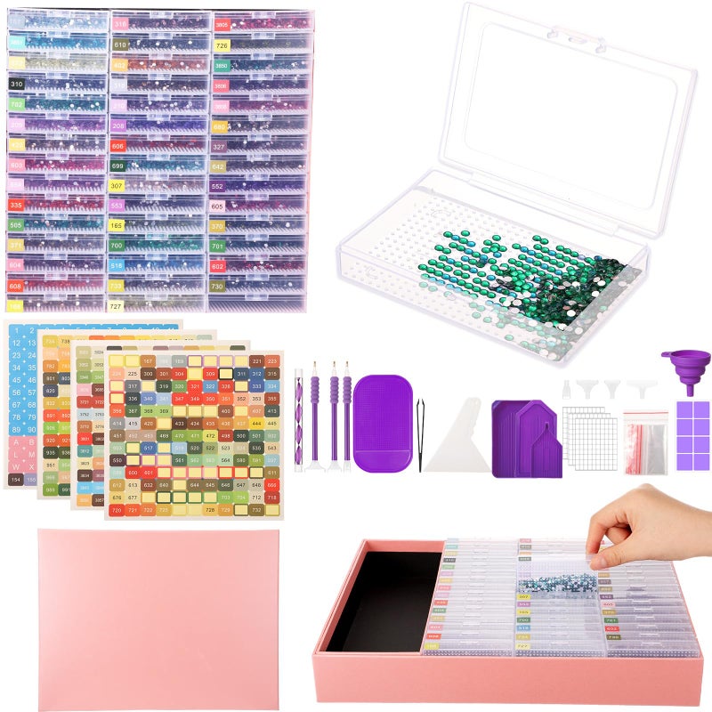 Willinglong 45pcs Diamond Art Storage Containers Trays Kits, 2-in-1 Bead Organzier with Accessories and Tools for DIY Diamond Art Craft Jewelry Bead Storage - Image 1