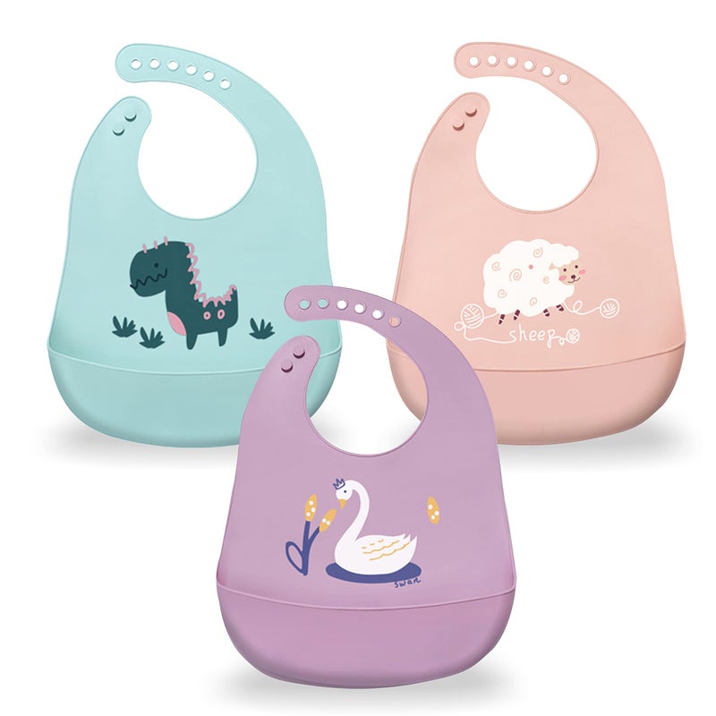 Sarvoza Silicone Baby Bibs with Food Catcher Set of 3 BPA Free Plastic Durable and Adjustable Bib Silicone Bibs for Babies Toddlers Boys and Girls 