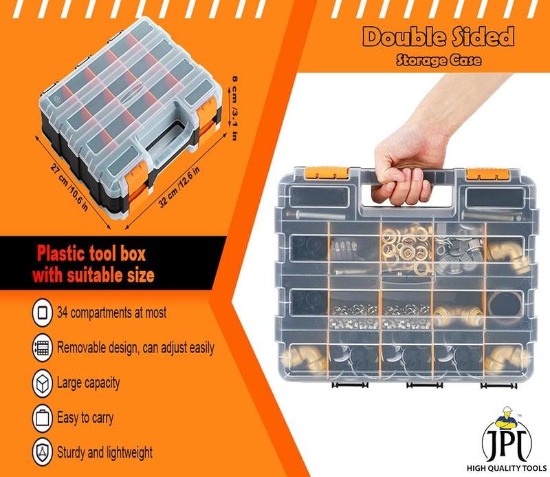 JPT منظم أدوات مزدوج الجوانب مع 34 قسم قابل للإزالة، فواصل بلاستيكية قابلة للتخصيص، وبوليمر مقاوم للصدمات، مثالي لتخزين البراغي، والصواميل، والأجزاء الصغيرة، أسود/برتقالي - Image 4
