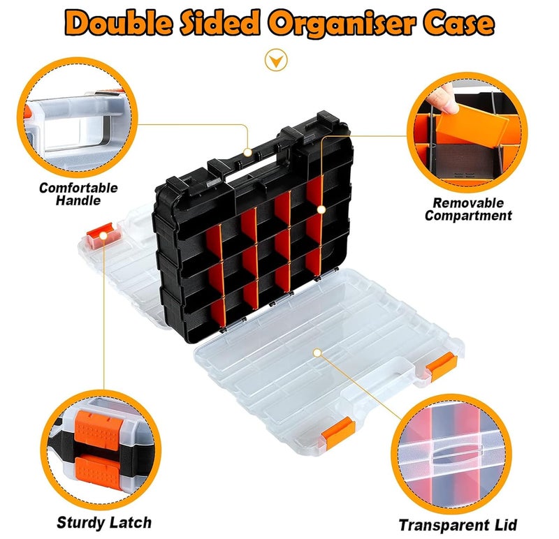 JPT منظم أدوات مزدوج الجوانب مع 34 قسم قابل للإزالة، فواصل بلاستيكية قابلة للتخصيص، وبوليمر مقاوم للصدمات، مثالي لتخزين البراغي، والصواميل، والأجزاء الصغيرة، أسود/برتقالي - Image 2