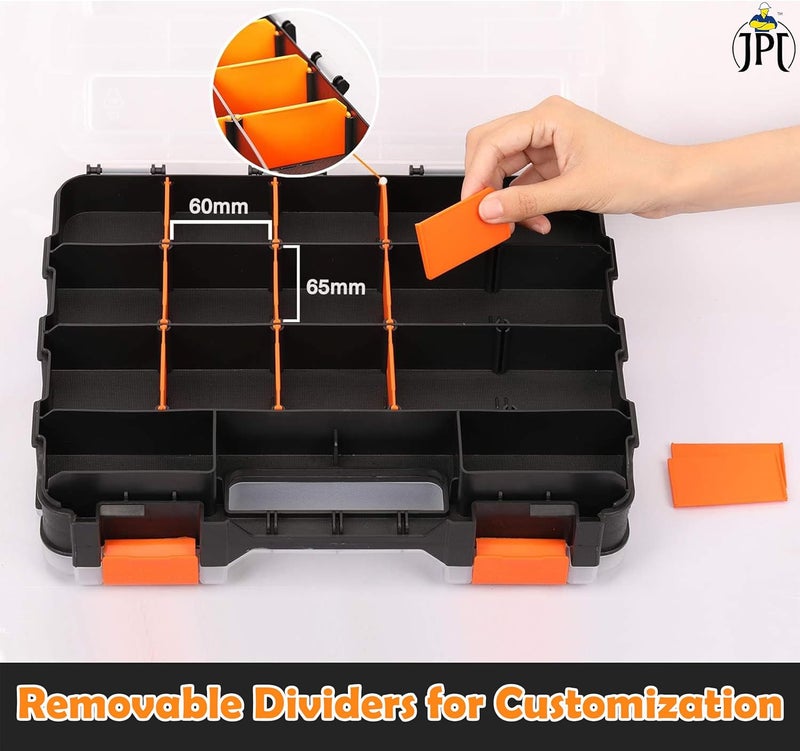 JPT منظم أدوات مزدوج الجوانب مع 34 قسم قابل للإزالة، فواصل بلاستيكية قابلة للتخصيص، وبوليمر مقاوم للصدمات، مثالي لتخزين البراغي، والصواميل، والأجزاء الصغيرة، أسود/برتقالي - Image 5
