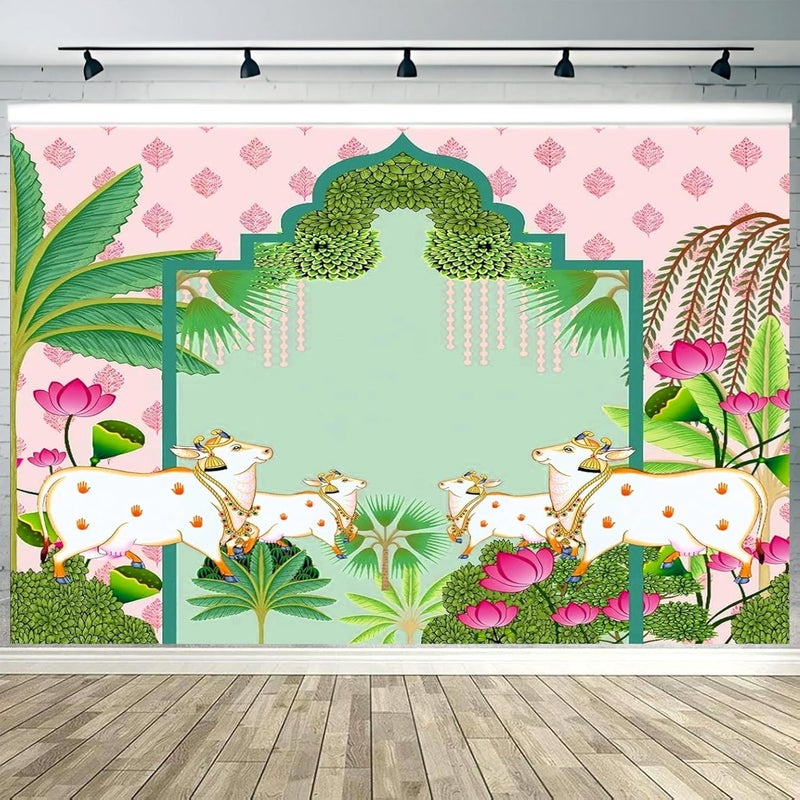 Party Baazaar Pichwai Backdrop Cloth | Cow Backdrop Cloth for Decoration | House Warming Decoration Backdrop (Pack of 1, Multicolor, Size: 8x5 Feet) - Image 1