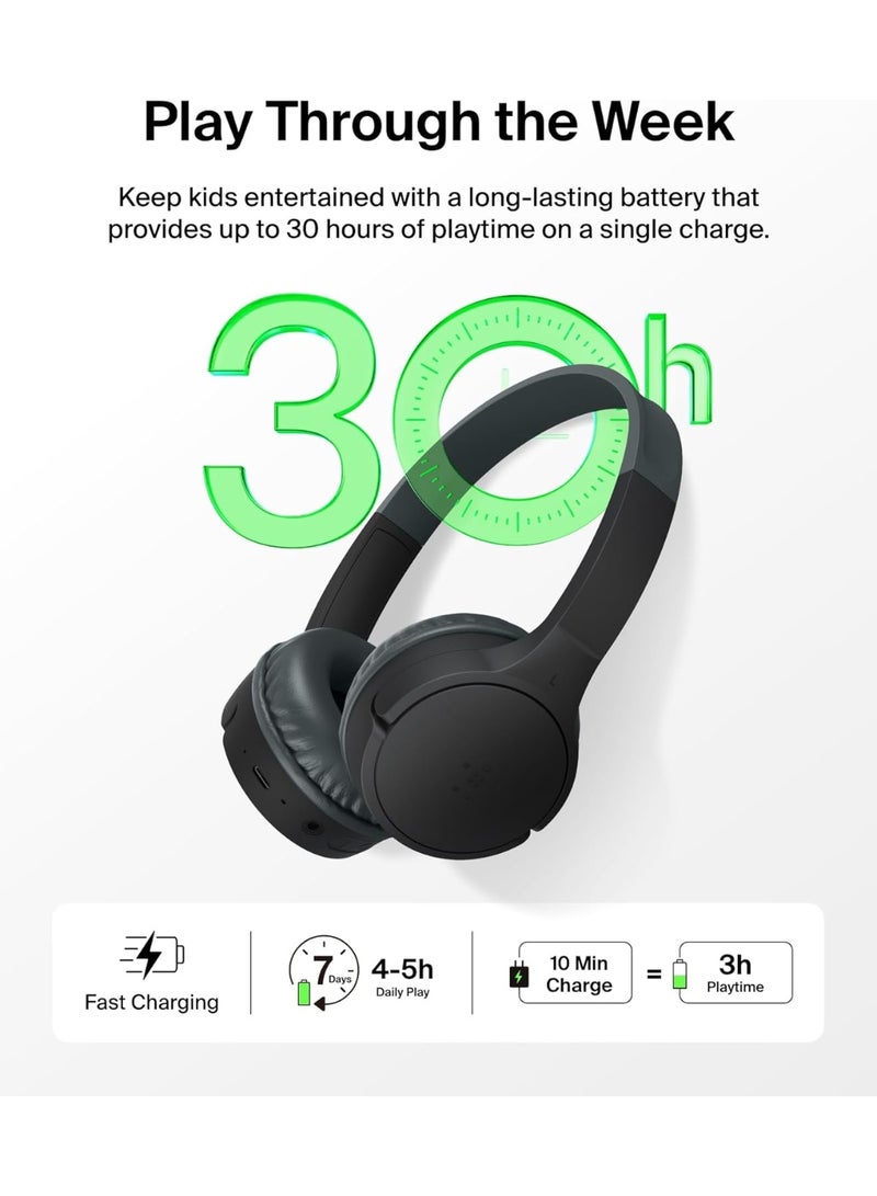 Belkin SoundForm Mini Kids Wireless Headphones with Built-In Microphone, 30H of Playback Time, & Fun Stickers - Over-Ear Headsets for Online Learning, School, Travel, iPhone, iPad, Galaxy - Black black - Image 3