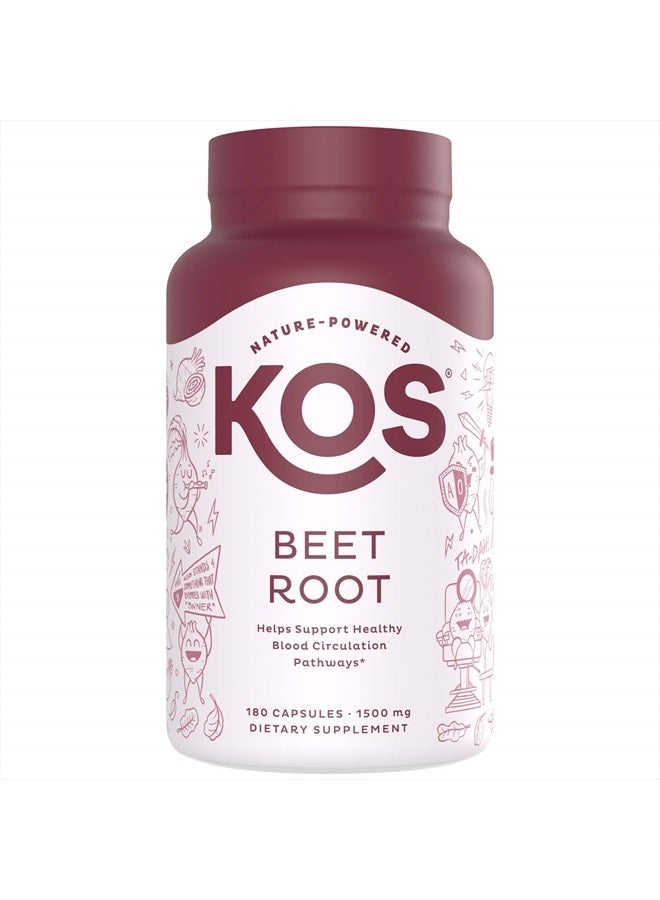 KOS Organic Beet Root Capsules 1500mg - Natural Nitric Oxide Booster Superfood Powder - Supports Healthy & Active Lifestyle - 180 Capsules - Image 1