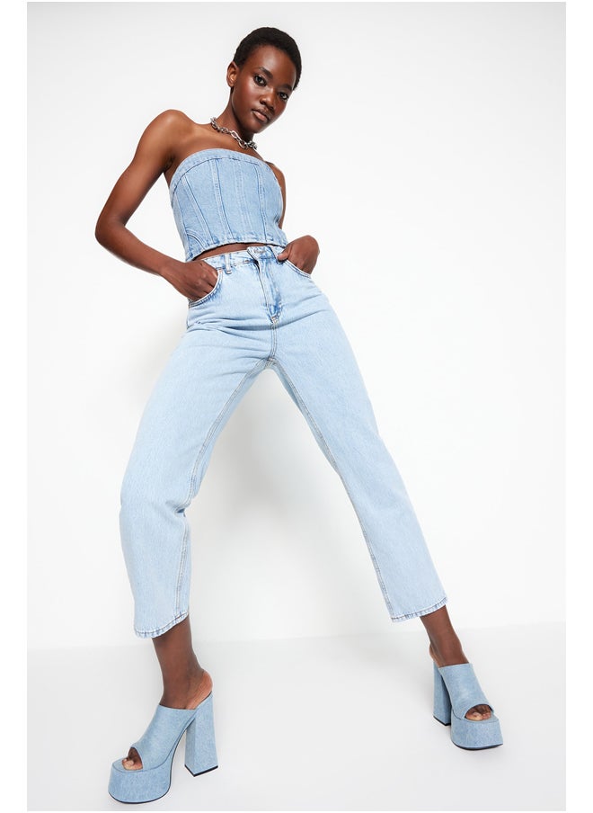 trendyol - Light Blue High Waist Straight Jeans TWOSS23JE00089 - Image 1