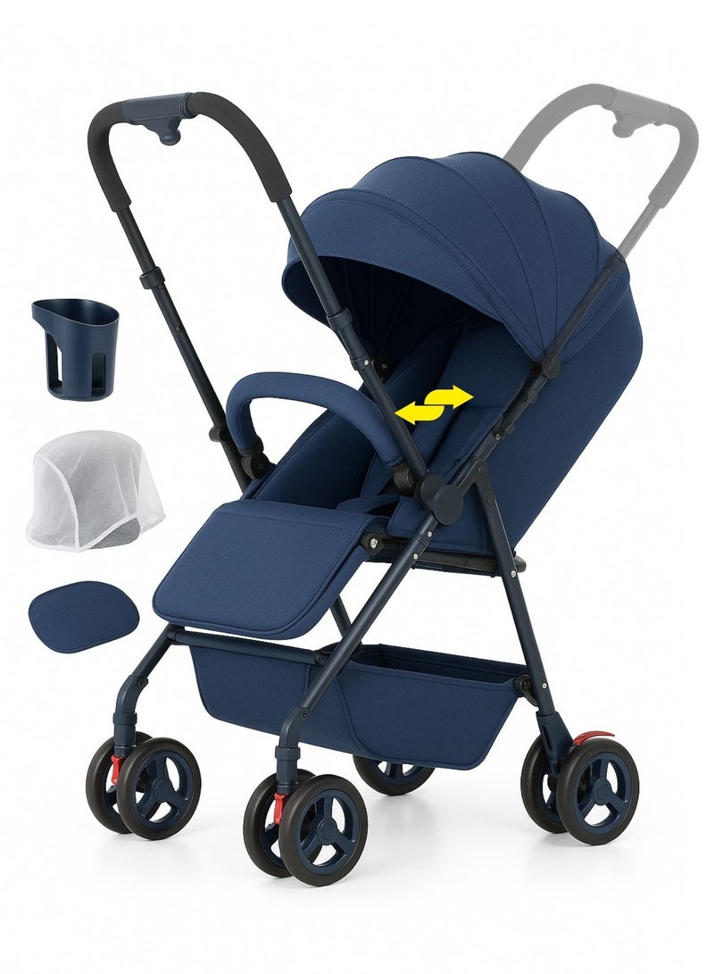 AL-SHARQIA عربة أطفال قابلة للعكس – خفيفة الوزن، قابلة للطي بيد واحدة مع مظلة، عجلات ماصة للصدمات وسلة تخزين كبيرة