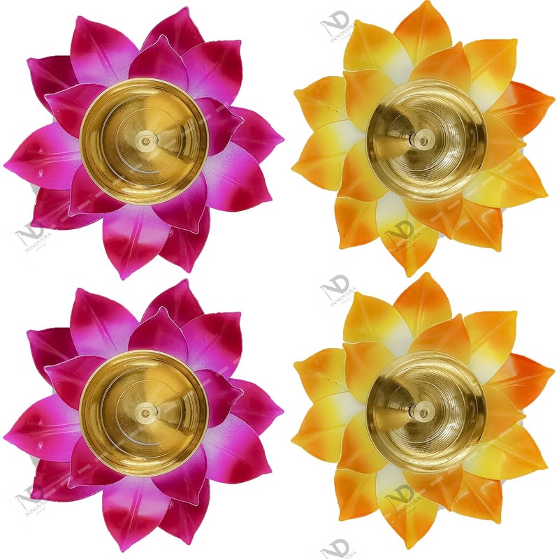 Innovera Design Brass Iron Decorative LotusKamal Shaped Akhand Diya 55 inches Wide for Dcor for Pooja GharMandir with Movable Leafs Pack of 4 - Image 1