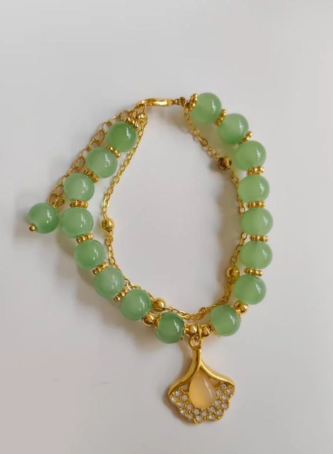 Olive Jade Beaded Bracelet with Gold Charm