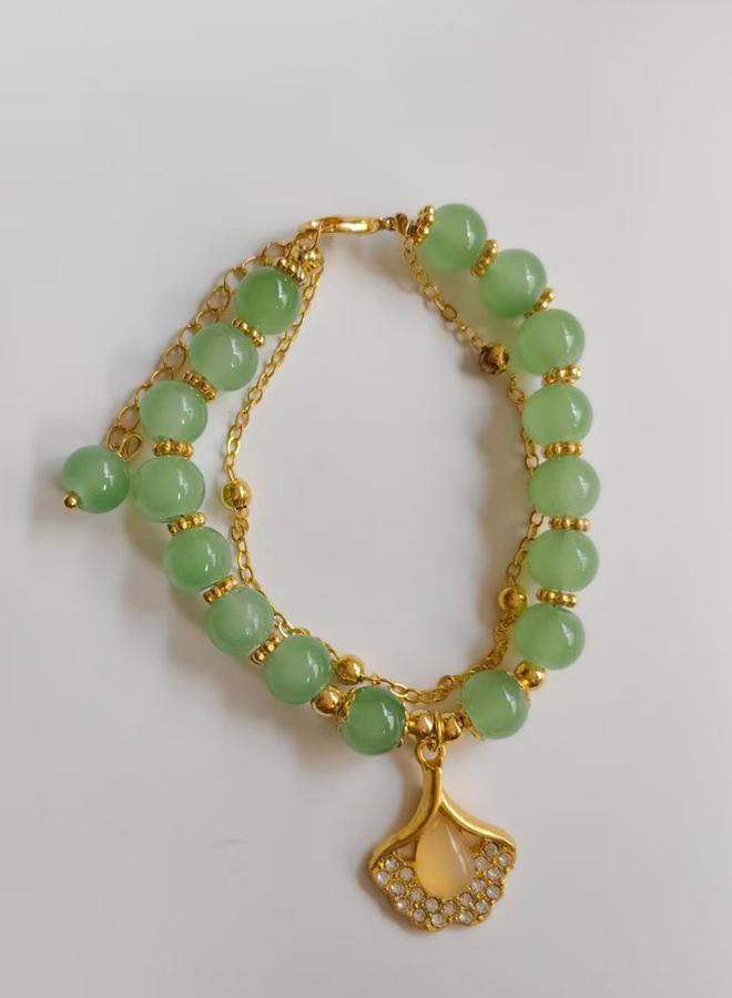 Take Two Olive Jade Beaded Bracelet with Gold Charm - Image 1