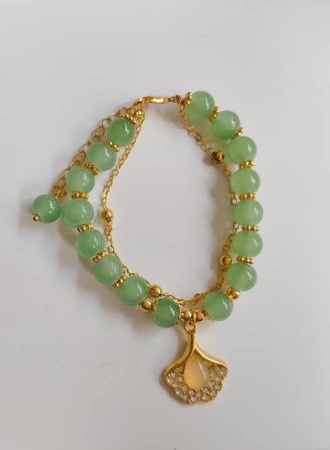 Take Two Olive Jade Beaded Bracelet with Gold Charm - Image 3