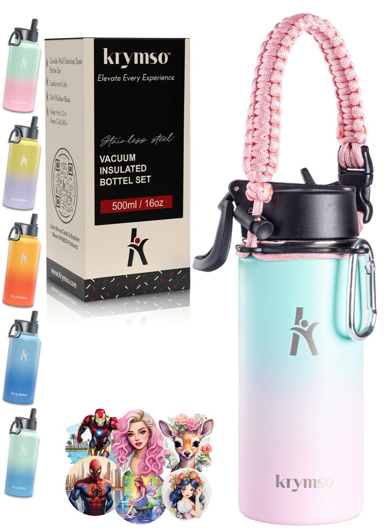 KRYMSO KRYMSO, 500ml Water Bottle, Stainless Steel Water Bottle, Water Bottle for Kids Water Bottle with Straw, Thermos, Insulated Water Bottle, Water 500ml with Ai Stickers  - Image 1