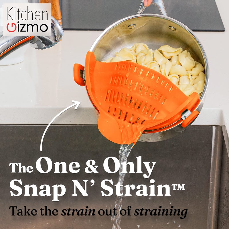 Kitchen Gizmo Snap N Strain Pot Strainer and Pasta Strainer - Adjustable Silicone Clip On Strainer for Pots, Pans, and Bowls - Kitchen Colander - Orange - Image 2