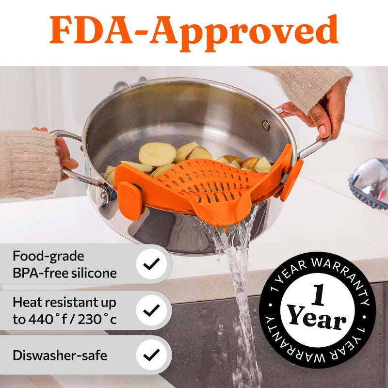 Kitchen Gizmo Snap N Strain Pot Strainer and Pasta Strainer - Adjustable Silicone Clip On Strainer for Pots, Pans, and Bowls - Kitchen Colander - Orange - Image 5