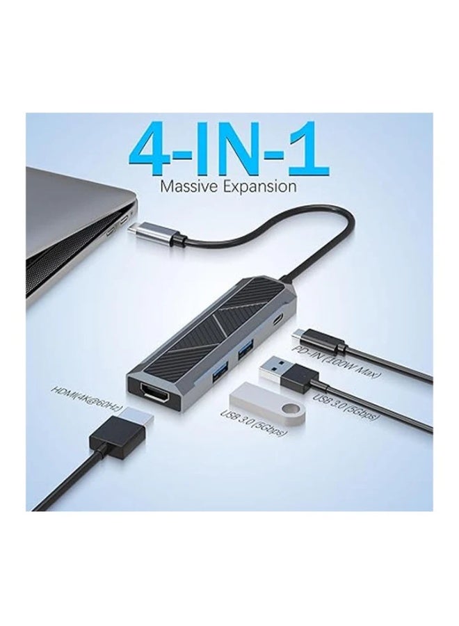 موزع USB-C 4 في 1 مع موزع HDMI بدقة 4K وتردد 60 هرتز، وشحن PD بقوة 100 وات، ومنفذي USB-A 3.0 بسرعة 5 جيجابت في الثانية، وإضاءة RGB، وقاعدة توصيل من الألومنيوم لأجهزة MacBook Pro/XPS/Dell