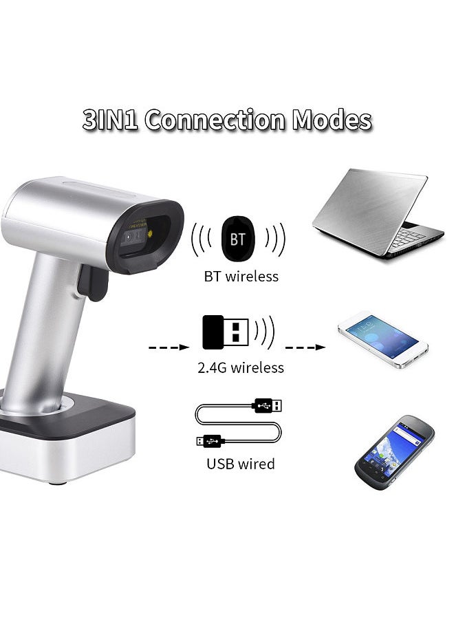 Generic - 2D 1D QR Barcode Scanner with Screen Display and Charging Base 3 in 1 BT & 2.4GHz Wireless & Wired Connection Buzzer Prompt Compatible with Windows Android Linux Mac - Image 1