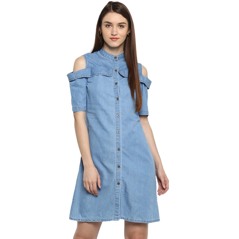 StyleStone Women's Shirt Knee Length Dress (3387ColdFlapDrsL_Blue_Large) - Image 5