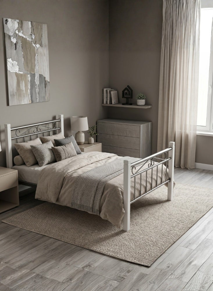 Karnak Nedrah Single Bed 90x190cm Heavy Duty Metal Frame Modern Bedroom Furniture (Silver White) - Image 1