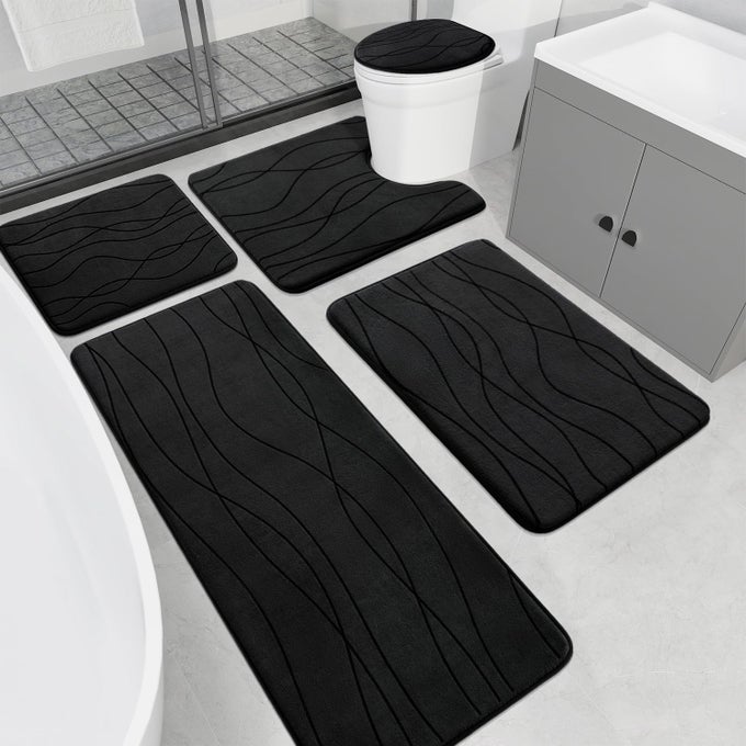 MEMORY FOAM BLACK BATHROOM RUG SETS 5 PIECE ULTRA ABSORBENT BATH MAT FOR BATHROOM NONSLIP MACHINE WASHABLE DRY QUICKLY 5 PIECE BATHROOM MAT SET BLACK