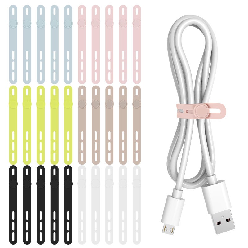 Donruby 30Pcs Silicone Cable Ties - Reusable & Washable with Adjustable Locking Buckles, High Elasticity Cable Management Straps for Home, Office, School, Travel Essential Cord Organizer (6 Colors) - Image 1