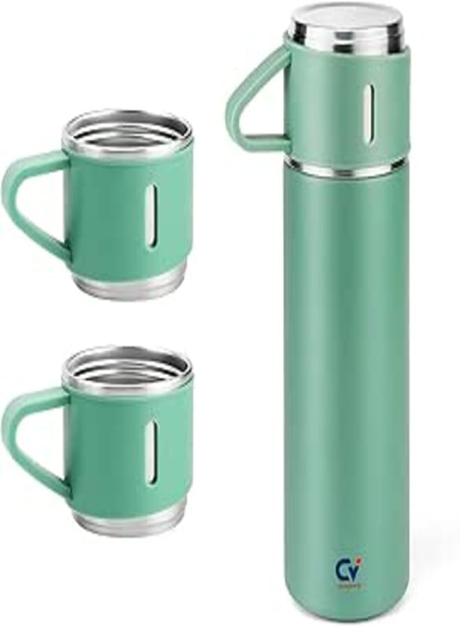 Spaceshoop CristaVista Stainless Steel Thermo 500ml/16.9oz Vacuum Insulated Bottle with Cup for Coffee Hot drink and Cold drink water flask | Double Wall Keep Beverages Cold & Hot For 12Hrs (Green,Set of 2)