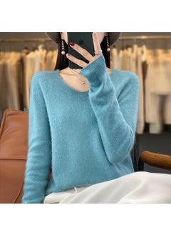 Pure Color 100% Wool Autumn/winter Cropped V-neck Pullover Sweater Base Layer Top Lake Blue