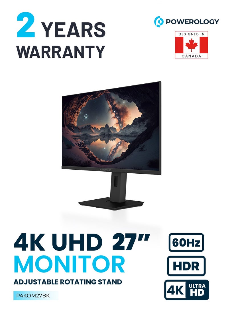 باورولوجي شاشة مكتب 4K مقاس 27 بوصة مع إضاءة RGB / متوافقة مع VESA/ AMD Free Sync / تباين بصري مُحسَّن بتقنية HDR / G-Sync / دقة شاشة 3840 × 2160 بكسل عند 60 هرتز / تصميم بدون إطار / شاشة 4K Ultra HD - أسود  - Image 1