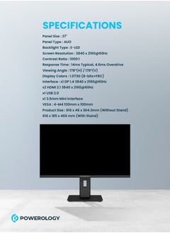 باورولوجي شاشة مكتب 4K مقاس 27 بوصة مع إضاءة RGB / متوافقة مع VESA/ AMD Free Sync / تباين بصري مُحسَّن بتقنية HDR / G-Sync / دقة شاشة 3840 × 2160 بكسل عند 60 هرتز / تصميم بدون إطار / شاشة 4K Ultra HD - أسود  - Image 5
