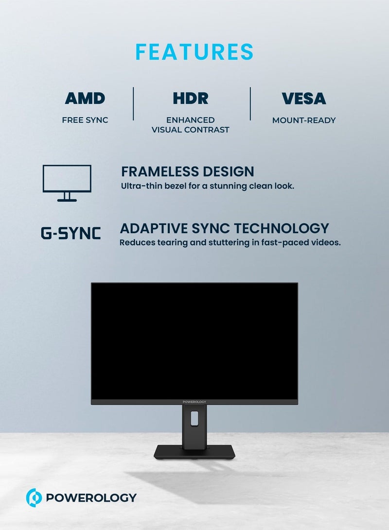Powerology 27 inch 4K Office Monitor 60Hz  / VESA Mount-Ready /AMD Free Sync / HDR Enhanced Visual Contrast / G-Sync/ 3840x2160Screen Resolution / Frameless Design / 4K Ultra HD Monitor - Black - Image 2